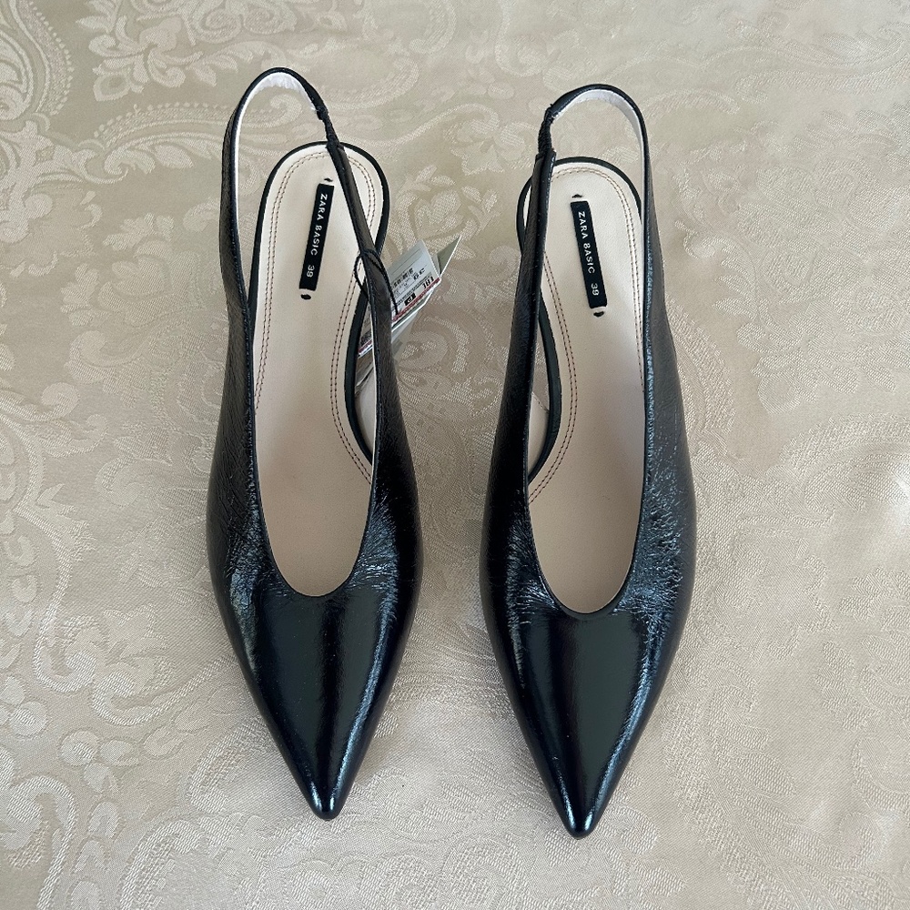 NWT Zara Leather Kitten Heel Slingback Pumps, Black, EU 39 / US 8